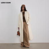 LEDIM 外套女 白色宽肩直筒长款 WANG静奢长毛纯山羊绒大衣冬季 新款