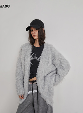 LEDIM WANG白标/松绒风针织毛衣开衫女25秋冬新款宽松灰色中长款