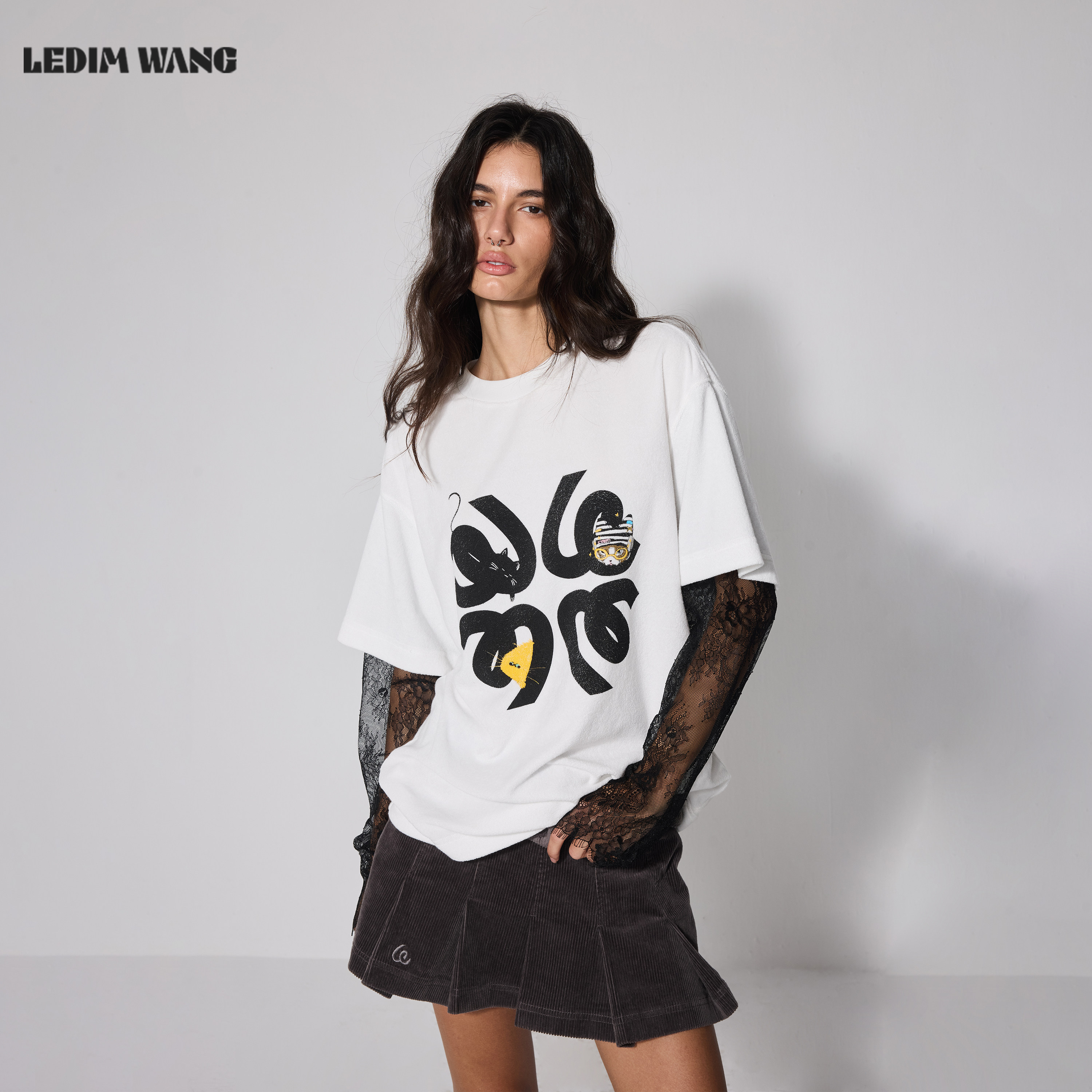 LEDIMWANG假两件蕾丝拼接T恤女图片