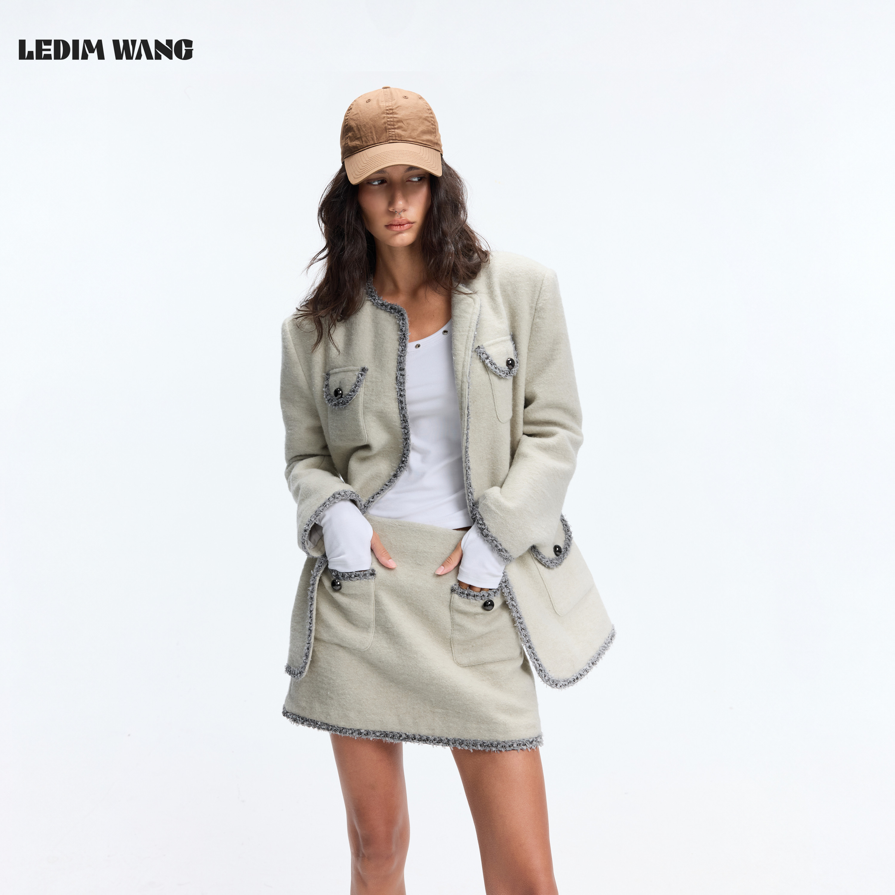 LEDIM WANG撞色花边时尚套装女款绵羊毛呢外套半身裙2026秋冬新款