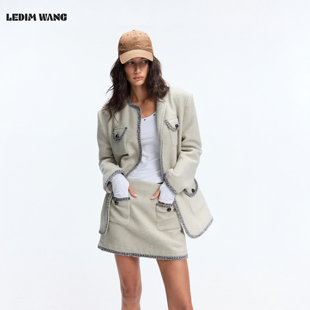 LEDIM WANG撞色花边时尚套装女款绵羊毛呢外套半身裙2026秋冬新款