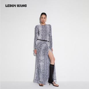 新款 LEDIM 开叉连衣裙女秋季 低腰线性感风蛇纹修身 长裙 WANG白标