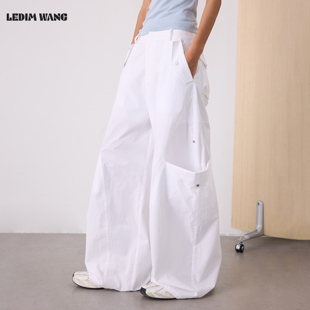 LEDIM WANG极简纯棉休闲裤女款白色轻薄透气阔腿裤长裤2026夏新款