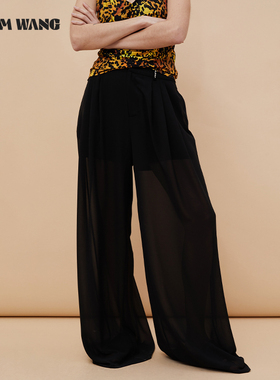 LEDIM WANG轻透雪纺休闲裤女黑色高级感拖地裤日常百搭宽松阔腿裤