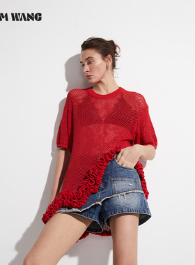 【明星同款】LEDIM WANG镂空立体花针织衫女春夏新款新年红色上衣