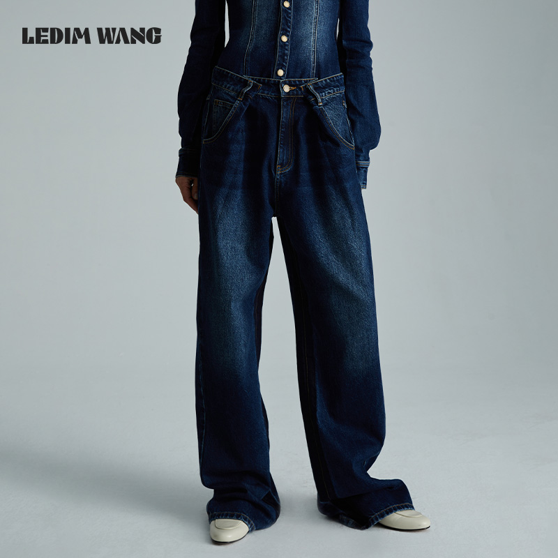 【明星同款】LEDIM WANG褶子牛仔裤女秋季新款萝卜裤休闲宽松长裤