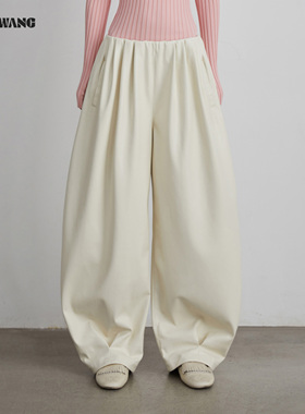 LEDIM WANG白标/慵懒垂感气球皮裤女25秋冬新款白色宽松阔腿长裤