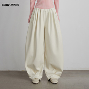 LEDIM WANG白标/慵懒垂感气球皮裤女25秋冬新款白色宽松阔腿长裤