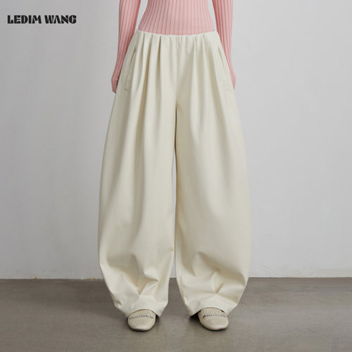 LEDIM WANG白标/慵懒垂感气球皮裤女25秋冬新款白色宽松阔腿长裤