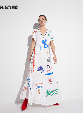 LEDIM WANG【红标系列】印花收腰连衣裙女夏2025新款气质大摆长裙