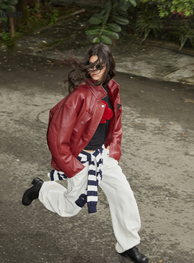 【明星同款】LEDIM WANG仿皮夹克羽绒服女新款鹅绒酒红色皮衣外套