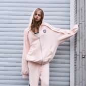 WANG粉色印花连帽开衫 卫衣女款 2026春季 LEDIM 新款 拉链松弛感外套