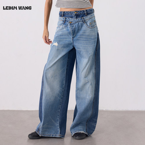 LEDIMWANG不规则双腰阔腿牛仔裤