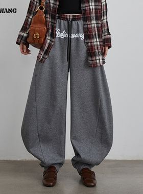 LEDIM WANG白标/复古美式加绒弯刀卫裤女25秋冬新款灰色阔腿长裤