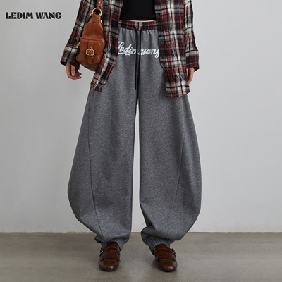 LEDIM WANG白标/复古美式加绒弯刀卫裤女25秋冬新款灰色阔腿长裤