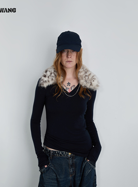 LEDIM WANG动物纹可拆毛领V领T恤女25秋冬新款藏青色内搭长袖上衣