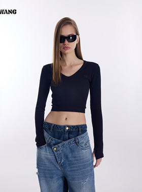 LEDIM WANGV领刺绣长袖T恤女2026春新款黑色无缝高腰弹力短款上衣