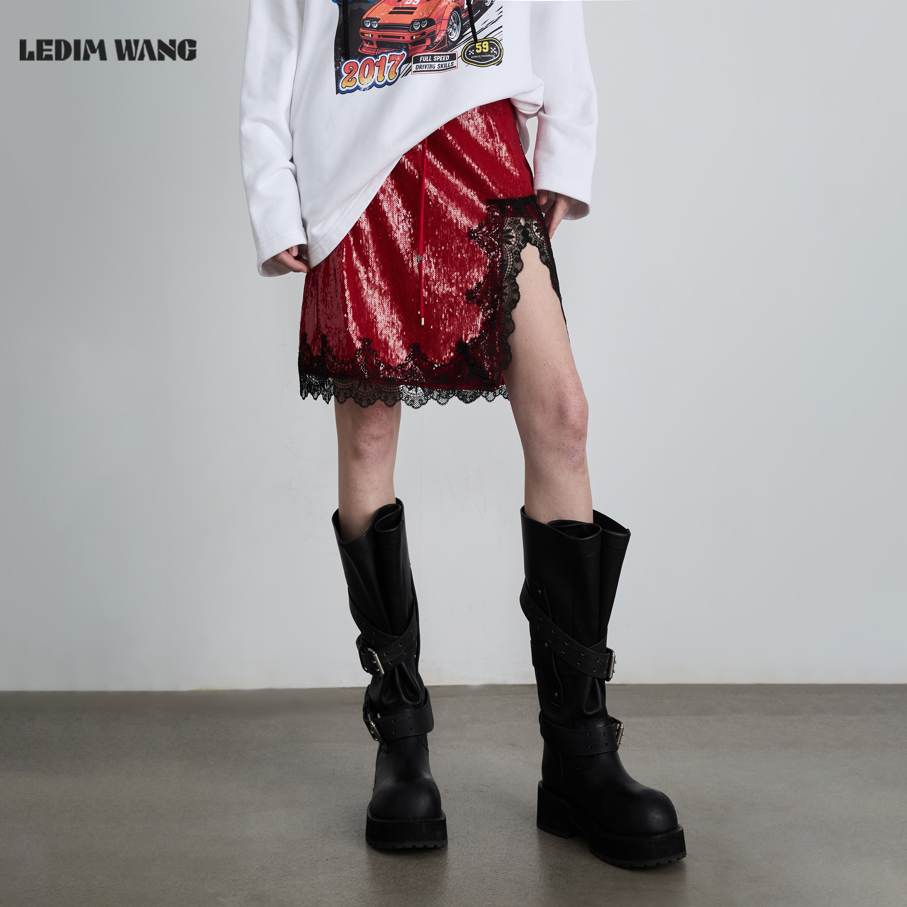 LEDIM WANG【新年战袍】蕾丝亮片半身裙女25秋冬新款开叉红色短裙,女装/女士精品,半身裙,淘宝优惠券,粉丝福利购,淘宝优惠卷