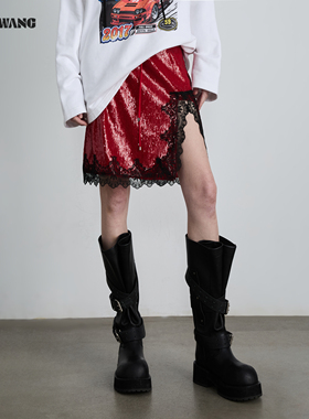 LEDIM WANG【新年战袍】蕾丝亮片半身裙女25秋冬新款开叉红色短裙