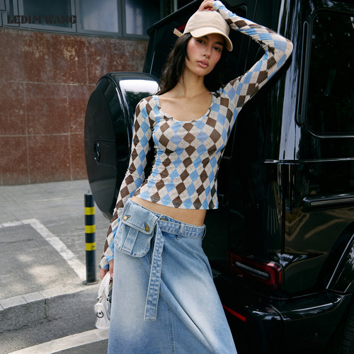 LEDIMWANG透视菱格网布T恤女