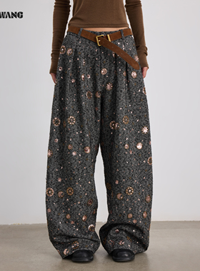 LEDIM WANG重工珠片休闲裤女25秋冬新款灰棕高级感宽松阔腿裤长裤