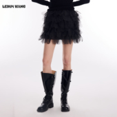 LEDIM 黑色短裙 A摆修身 WANG撞色松紧腰羽毛半身裙女2026春季 新款