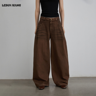 LEDIM WANG白标/露丽风复古阔腿牛仔裤女2025冬新款纯棉咖色长裤