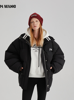 LEDIM WANG美式印花短款羽绒服女2024冬季新款黑白撞色舒适保暖