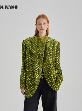LEDIM WANG新中式丝绒亮片西装外套女小众设计高级感气质绿色西服