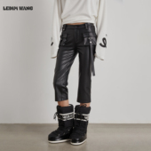 WANG白标 女25秋冬新款 机能工装 LEDIM 皮裤 六分裤 黑色紧身中裤