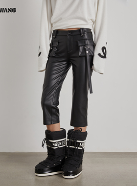 LEDIM WANG白标/机能工装皮裤六分裤女25秋冬新款黑色紧身中裤