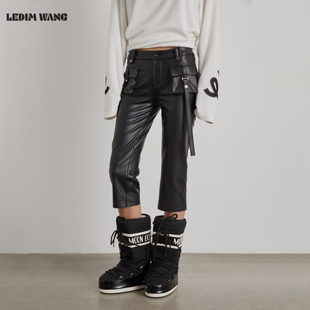 皮裤 六分裤 女26春季 LEDIM 黑色紧身中裤 机能工装 新款 WANG白标