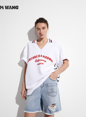 LEDIM WANG撞色印花短袖T恤女夏2025新款美式运动风宽松简约上衣