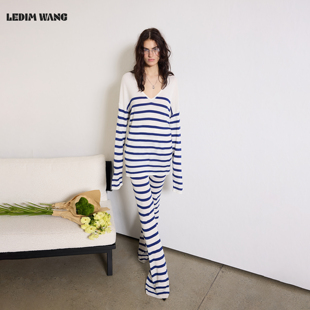 条纹蓝薄款 LEDIM 26早春新款 套装 海边穿搭 WANG慵懒醋酸棉V领时尚