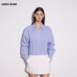 LEDIM 蓝色衬衣裙短裙 WANG高智格纹拼接假两件连衣裙女26早春新款