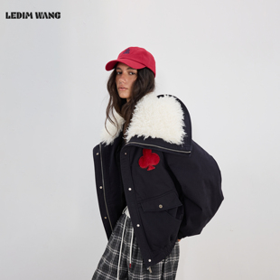 LEDIM 藏青色温暖舒适 WANG撞色毛毛大翻领棉服外套女25秋冬新款