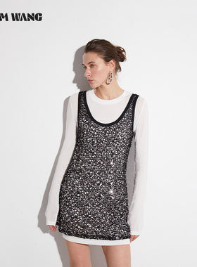 LEDIM WANG白标/两件套珠片连衣裙女2025秋季新款白色百搭短裙