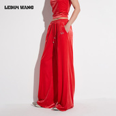 女2025新款 红色长裤 WANG白标 丝绒松紧休闲裤 明星同款 LEDIM