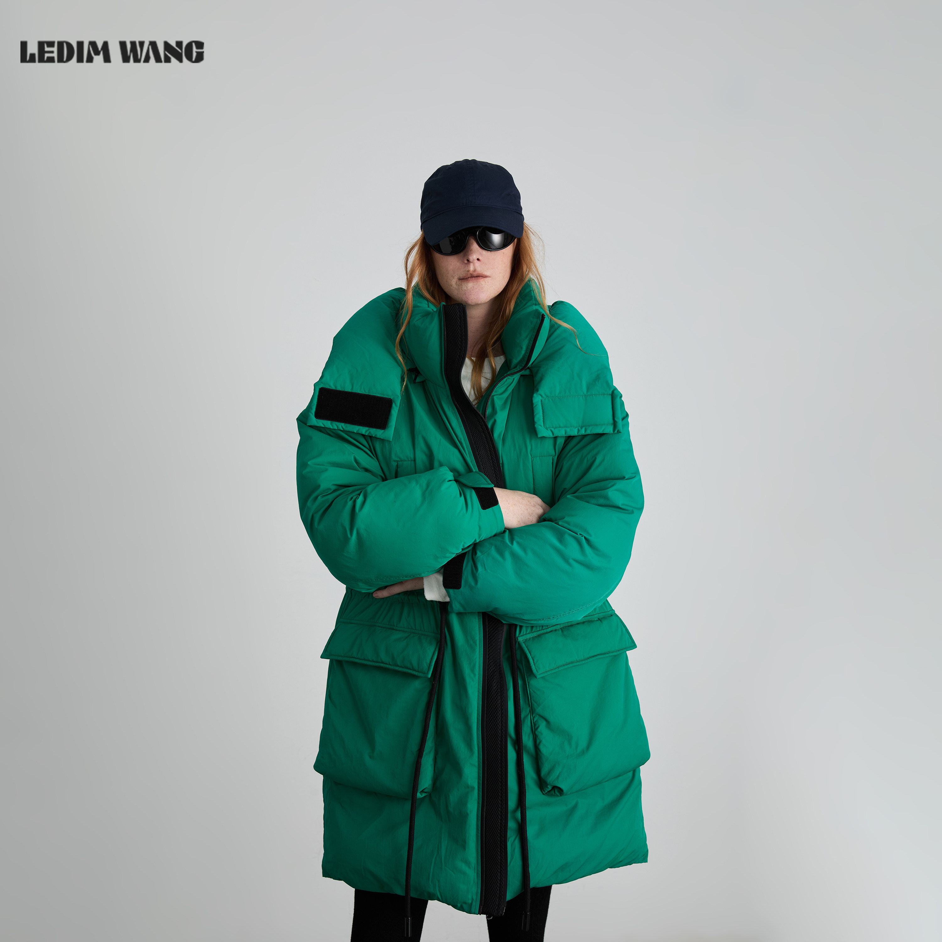 LEDIM WANG山系白鹅绒收腰羽绒服女秋冬新款孔雀绿连帽保暖外套