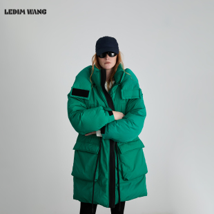 LEDIM 孔雀绿连帽保暖外套 WANG山系白鹅绒收腰羽绒服女25秋冬新款