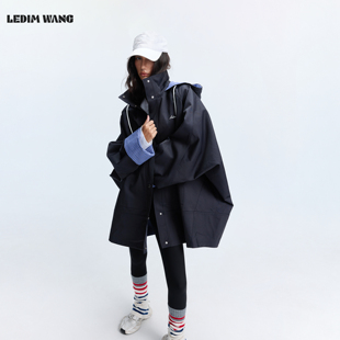 LEDIM WANG双面撞色印花连帽外套女款藏青色通勤百搭风衣26秋新款