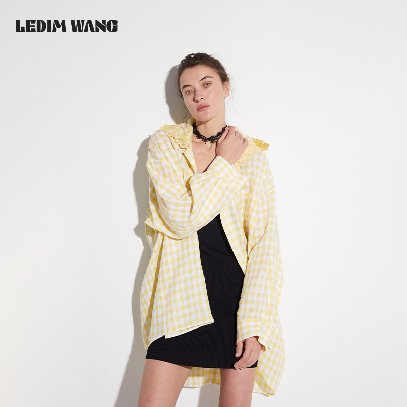 LEDIM WANG红标/连帽亚麻蕾丝防晒阔形长袖衬衣女2025秋休闲上衣