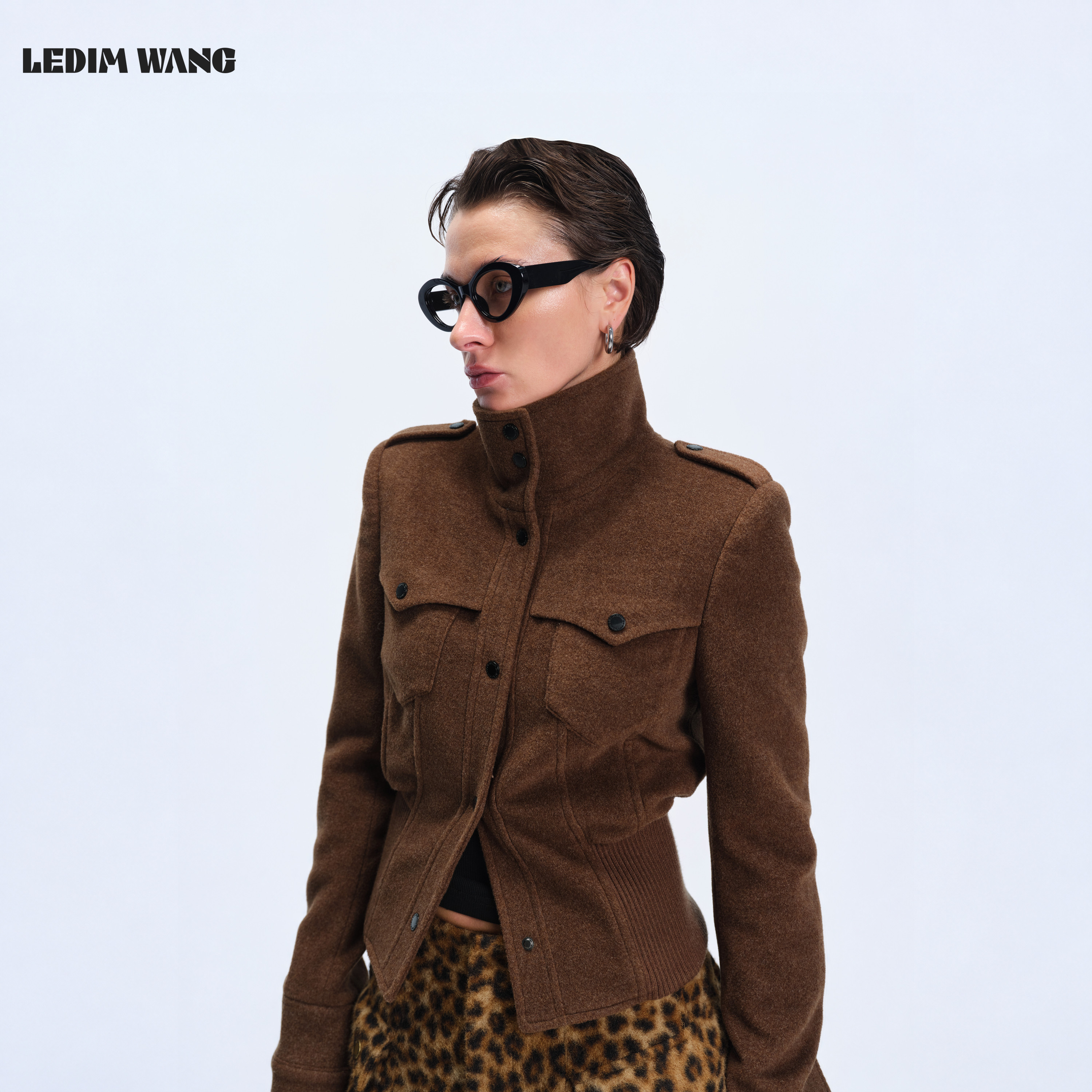 LEDIM WANG绵羊毛收腰毛呢短外套女美拉德工装长袖上衣26秋冬新款