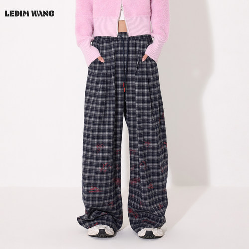 LEIDMWANG复古格纹印花休闲裤女
