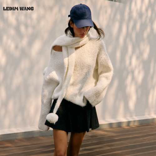 LEDIMWANG珠片斜肩围巾毛衣女