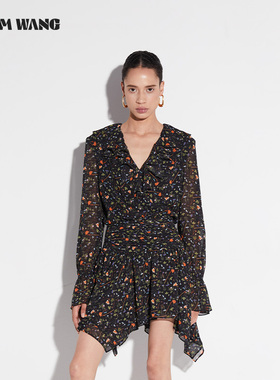 LEDIM WANG白标/波嬉风V领雪纺连衣裙女2025新款设计感黑色短裙