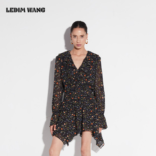 新款 波嬉风V领雪纺连衣裙女春季 设计感黑色短裙 WANG白标 LEDIM
