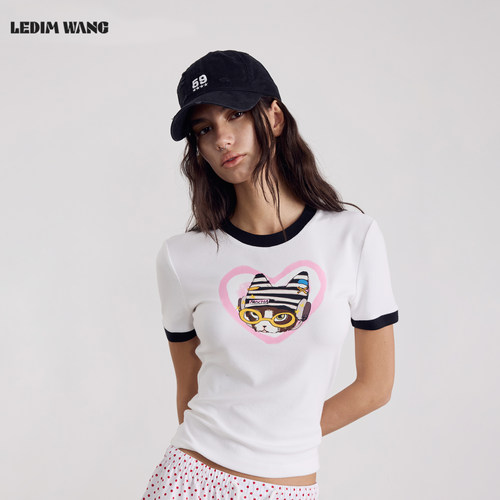 LEDIMWANG猫咪印花正肩短袖T恤