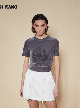 LEDIM WANG撞色印花丝绒短袖T恤女灰色修身短款辣妹风休闲百搭