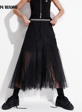 LEDIM WANG美式不规则半身裙女夏2025新款高级感撞色条纹百搭纱裙